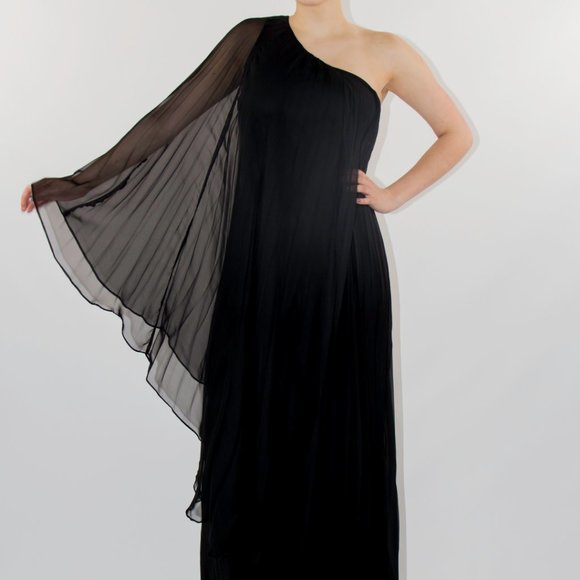 Black Long Gown Dress Draped One Shoulder Batwing Small Med New 458$ - Picture 1 of 5